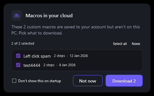 Cloud restore prompt listing macros saved to the account