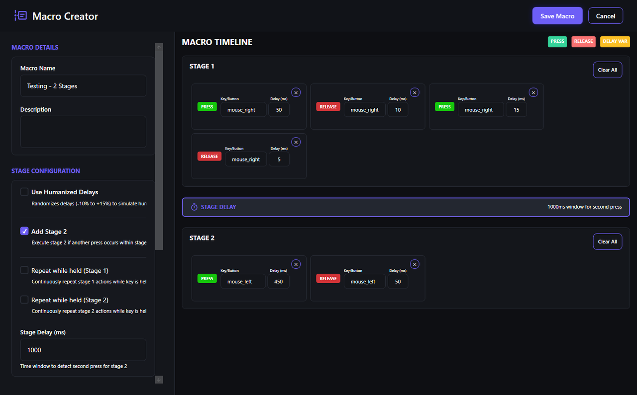 Macro Creator with a two-stage macro