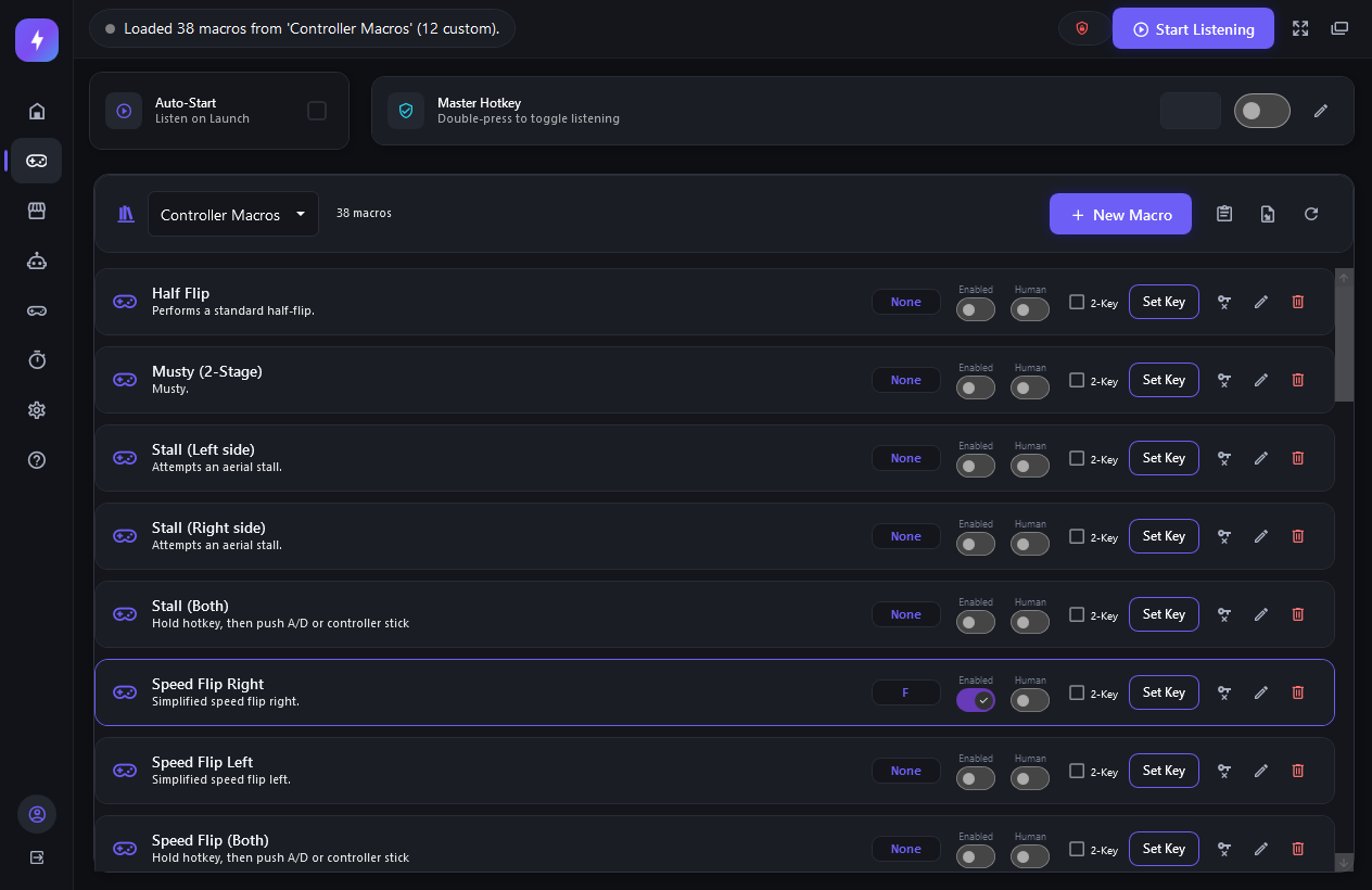 Game Macro Assistant — My Macros screen with hotkeys, enable and humanize switches